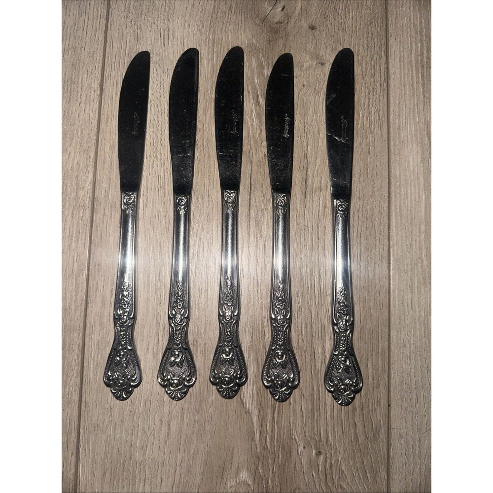 Set of 5 Knives Normandy Rose Floral Flatware Stainless Steel Japan‎ Vintage